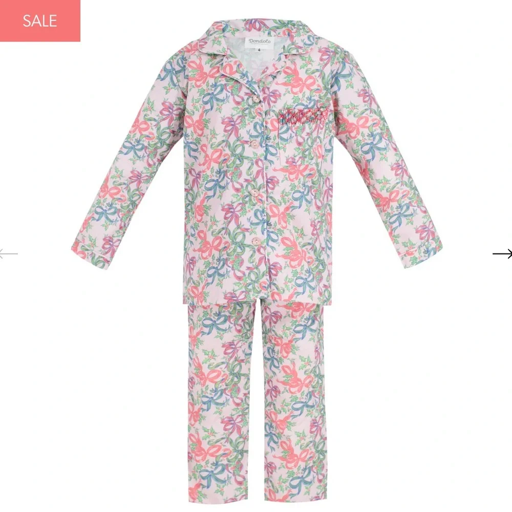 Dondolo Baby Girl Smocked Pajama Set 12M Pink Bow Print NWT Holiday Christmas